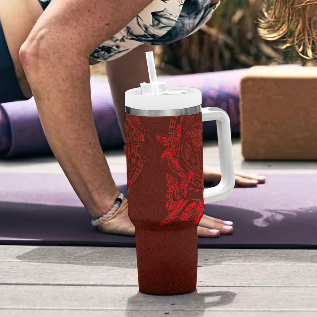 Hawaiian Monk Seal and Whale Tumbler With Handle Kakau Tribal Pattern Red Color LT03 - Polynesian Pride