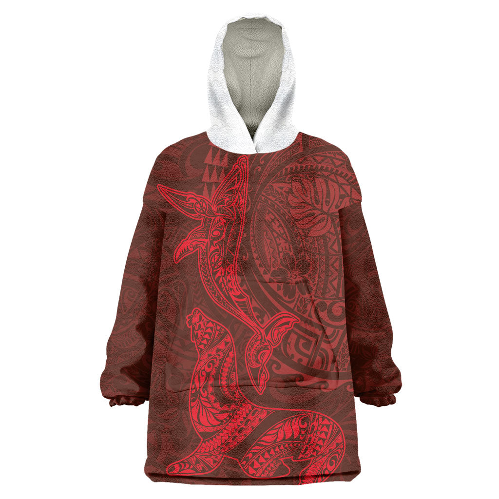 Hawaiian Monk Seal and Whale Wearable Blanket Hoodie Kakau Tribal Pattern Red Color