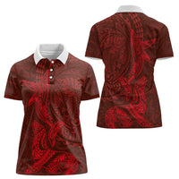 Hawaiian Monk Seal and Whale Women Polo Shirt Kakau Tribal Pattern Red Color LT03 - Polynesian Pride