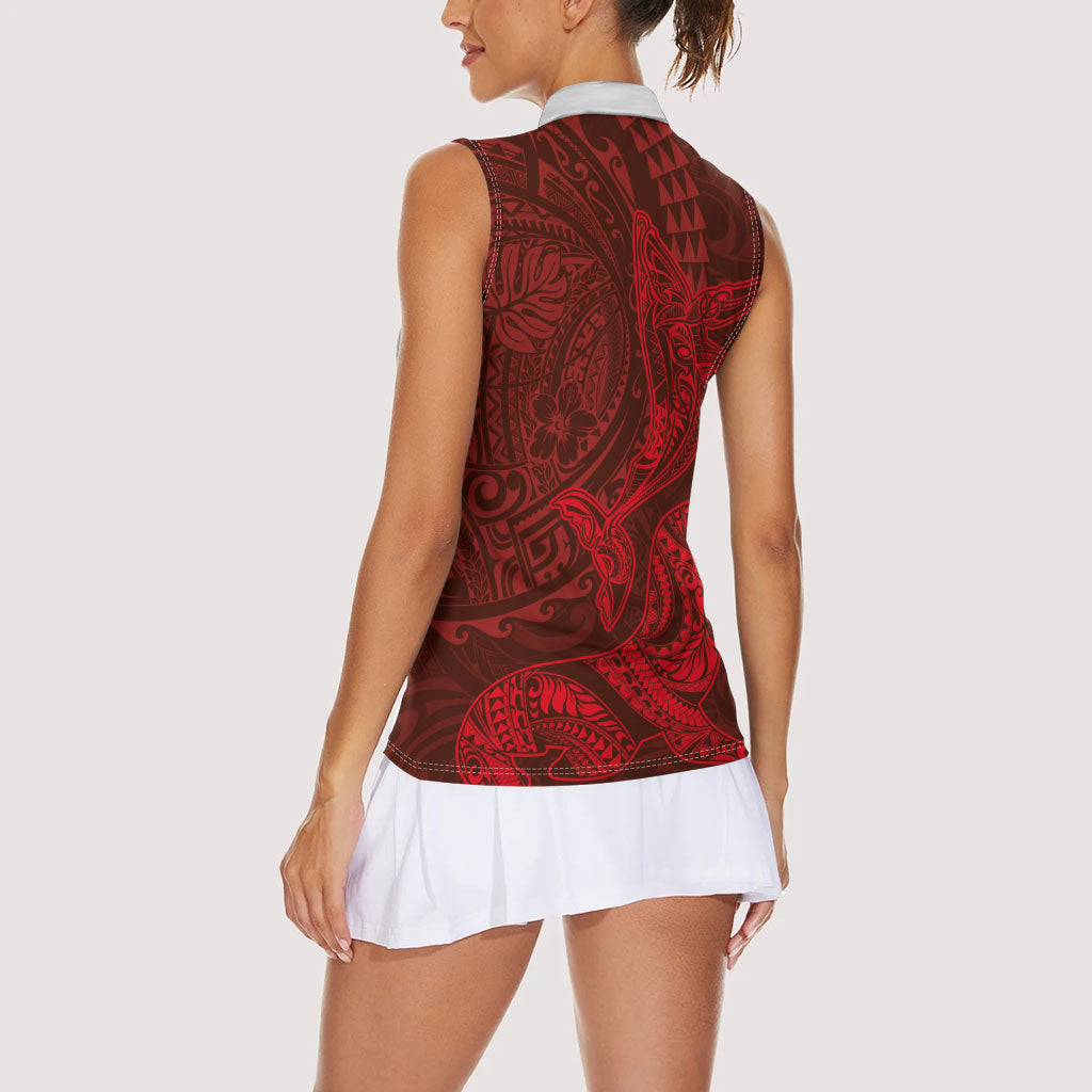 Hawaiian Monk Seal and Whale Women Sleeveless Polo Shirt Kakau Tribal Pattern Red Color LT03 - Polynesian Pride