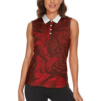 Hawaiian Monk Seal and Whale Women Sleeveless Polo Shirt Kakau Tribal Pattern Red Color LT03 - Polynesian Pride