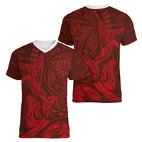Hawaiian Monk Seal and Whale Women V-Neck T-Shirt Kakau Tribal Pattern Red Color LT03 - Polynesian Pride
