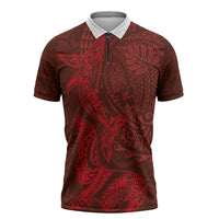 Hawaiian Monk Seal and Whale Zipper Polo Shirt Kakau Tribal Pattern Red Color