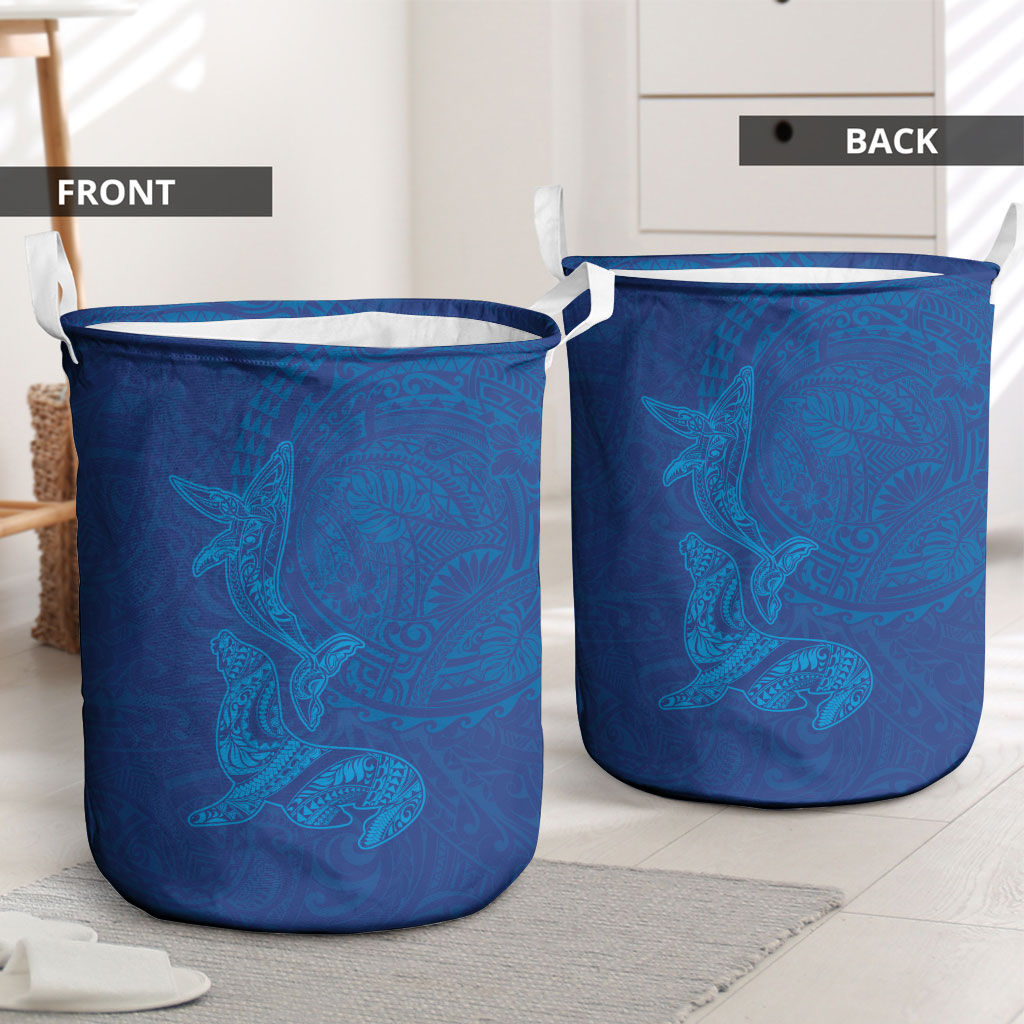 Hawaiian Monk Seal and Whale Laundry Basket Kakau Tribal Pattern Blue Color