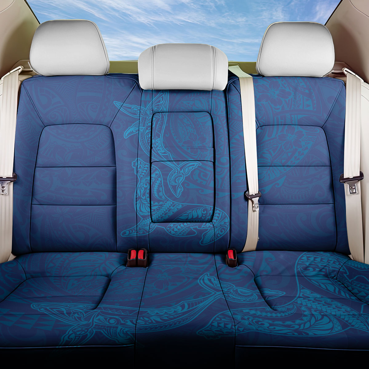 Hawaiian Monk Seal and Whale Back Car Seat Cover Kakau Tribal Pattern Blue Color LT03 One Size Blue - Polynesian Pride