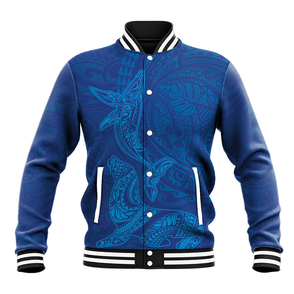 Hawaiian Monk Seal and Whale Baseball Jacket Kakau Tribal Pattern Blue Color