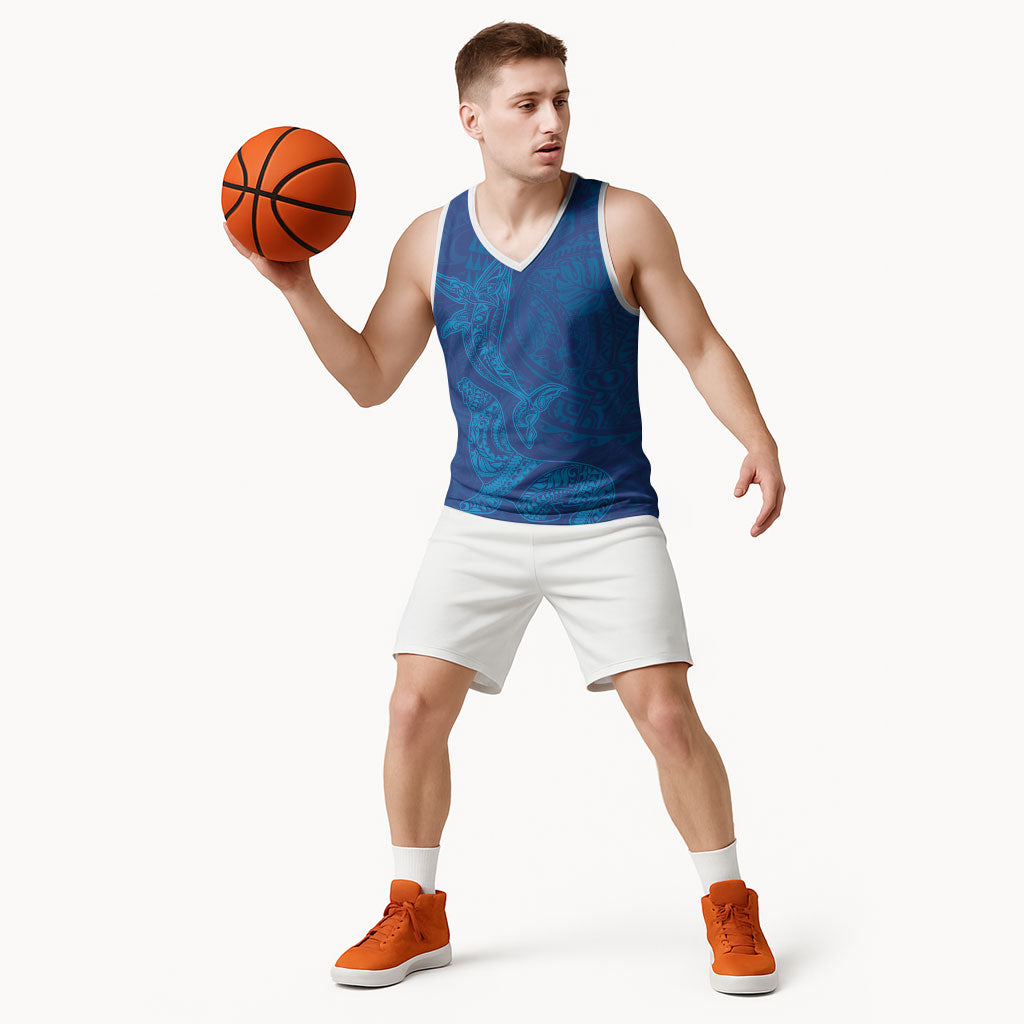 Hawaiian Monk Seal and Whale Basketball Jersey Kakau Tribal Pattern Blue Color