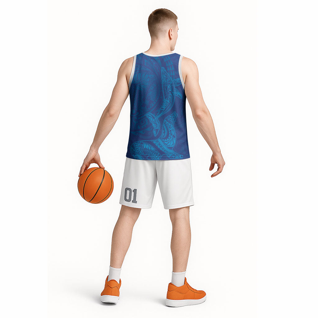 Hawaiian Monk Seal and Whale Basketball Jersey Kakau Tribal Pattern Blue Color