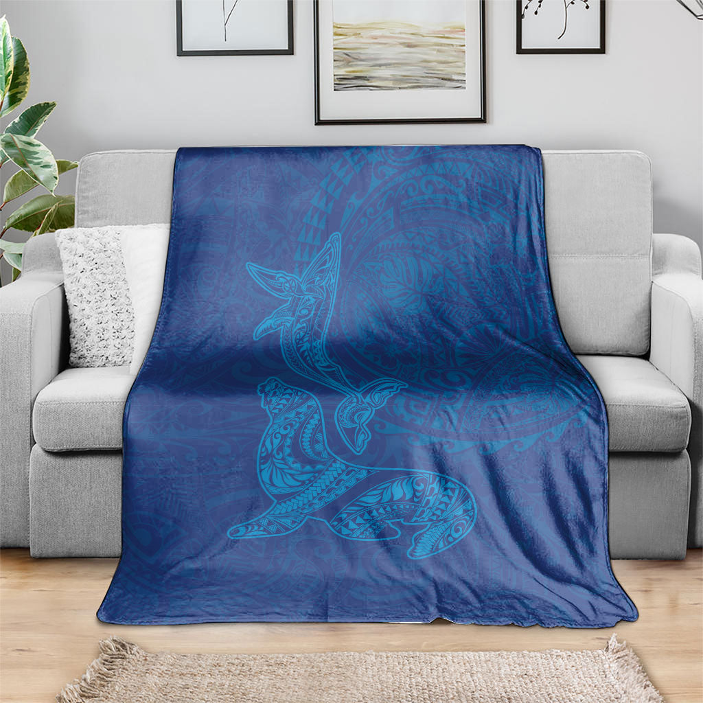 Hawaiian Monk Seal and Whale Blanket Kakau Tribal Pattern Blue Color