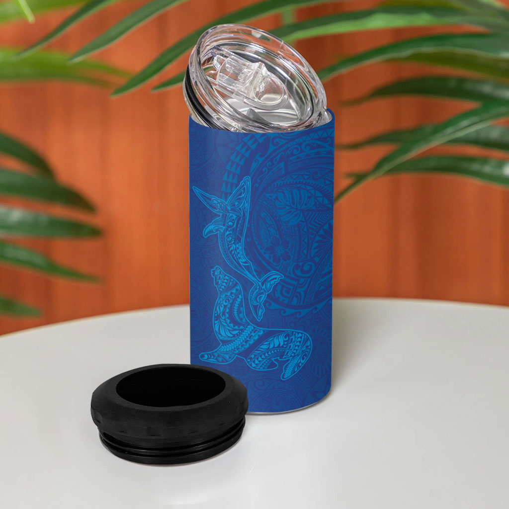Hawaiian Monk Seal and Whale 4 in 1 Can Cooler Tumbler Kakau Tribal Pattern Blue Color LT03 - Polynesian Pride