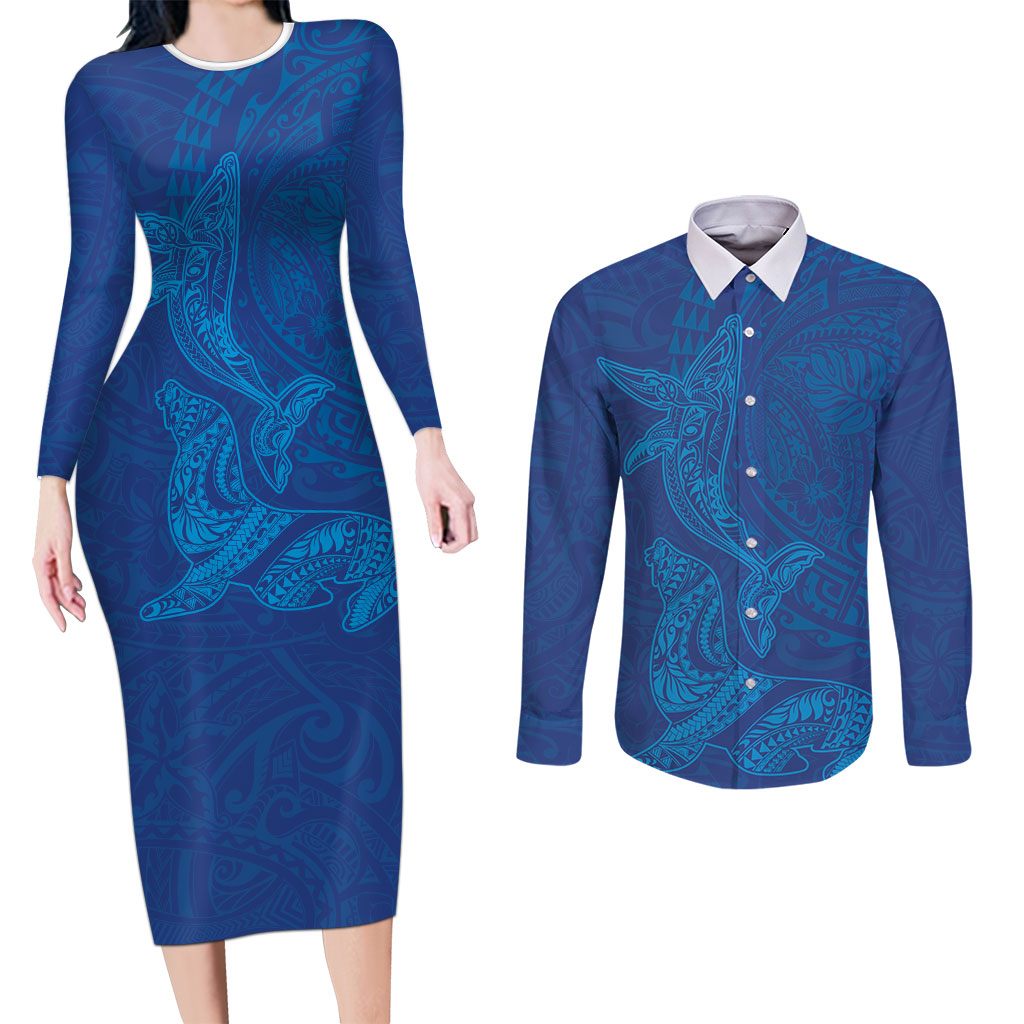 Hawaiian Monk Seal and Whale Couples Matching Long Sleeve Bodycon Dress and Long Sleeve Button Shirt Kakau Tribal Pattern Blue Color LT03 Blue - Polynesian Pride