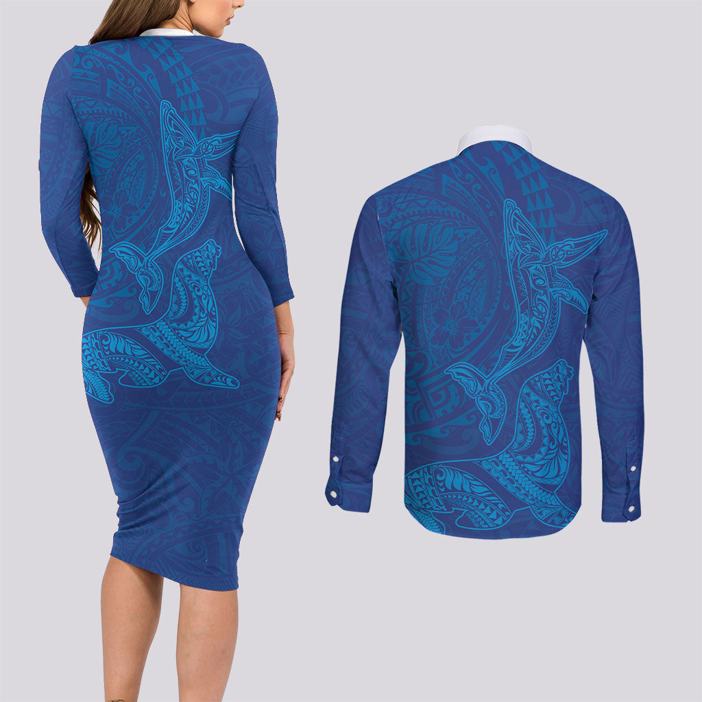 Hawaiian Monk Seal and Whale Couples Matching Long Sleeve Bodycon Dress and Long Sleeve Button Shirt Kakau Tribal Pattern Blue Color LT03 - Polynesian Pride