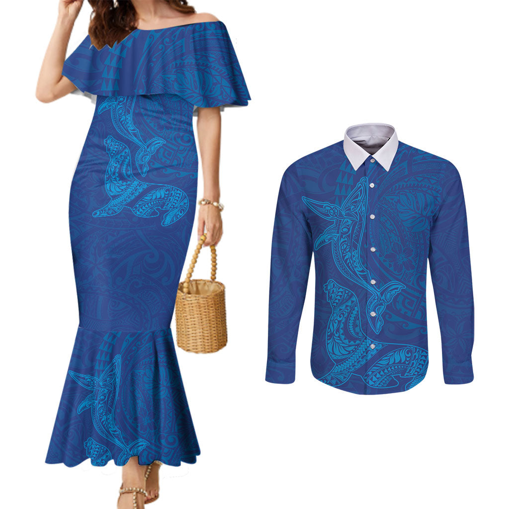 Hawaiian Monk Seal and Whale Couples Matching Mermaid Dress and Long Sleeve Button Shirt Kakau Tribal Pattern Blue Color LT03 Blue - Polynesian Pride