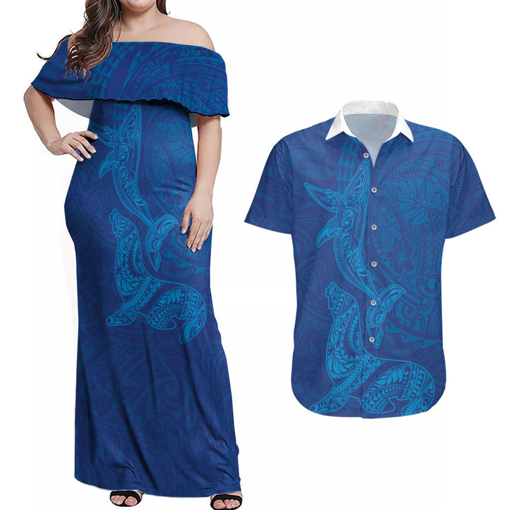 Hawaiian Monk Seal and Whale Couples Matching Off Shoulder Maxi Dress and Hawaiian Shirt Kakau Tribal Pattern Blue Color LT03 Blue - Polynesian Pride