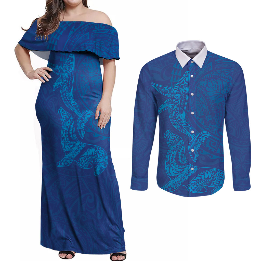 Hawaiian Monk Seal and Whale Couples Matching Off Shoulder Maxi Dress and Long Sleeve Button Shirt Kakau Tribal Pattern Blue Color LT03 Blue - Polynesian Pride