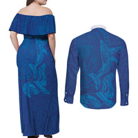 Hawaiian Monk Seal and Whale Couples Matching Off Shoulder Maxi Dress and Long Sleeve Button Shirt Kakau Tribal Pattern Blue Color LT03 - Polynesian Pride
