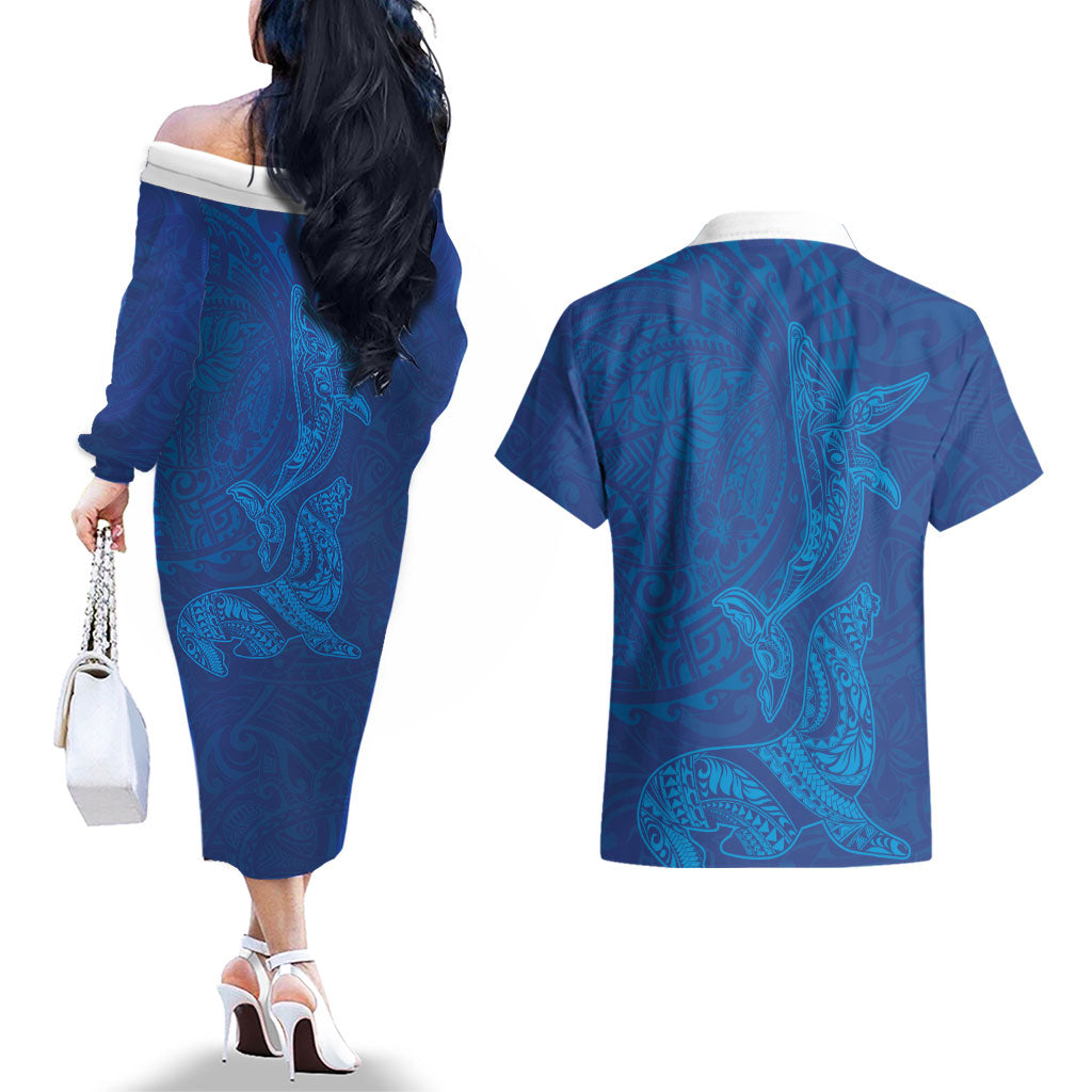 Hawaiian Monk Seal and Whale Couples Matching Off The Shoulder Long Sleeve Dress and Hawaiian Shirt Kakau Tribal Pattern Blue Color LT03 - Polynesian Pride