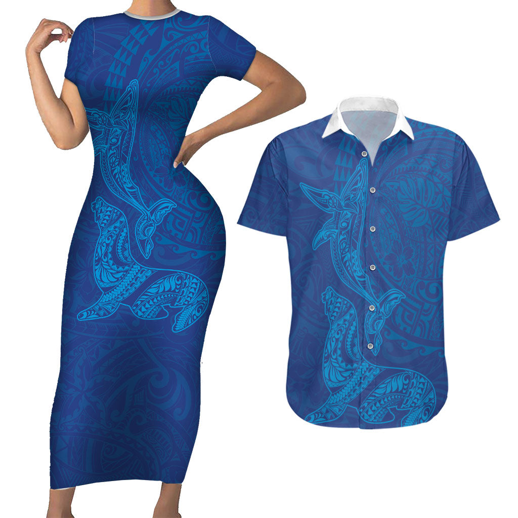 Hawaiian Monk Seal and Whale Couples Matching Short Sleeve Bodycon Dress and Hawaiian Shirt Kakau Tribal Pattern Blue Color