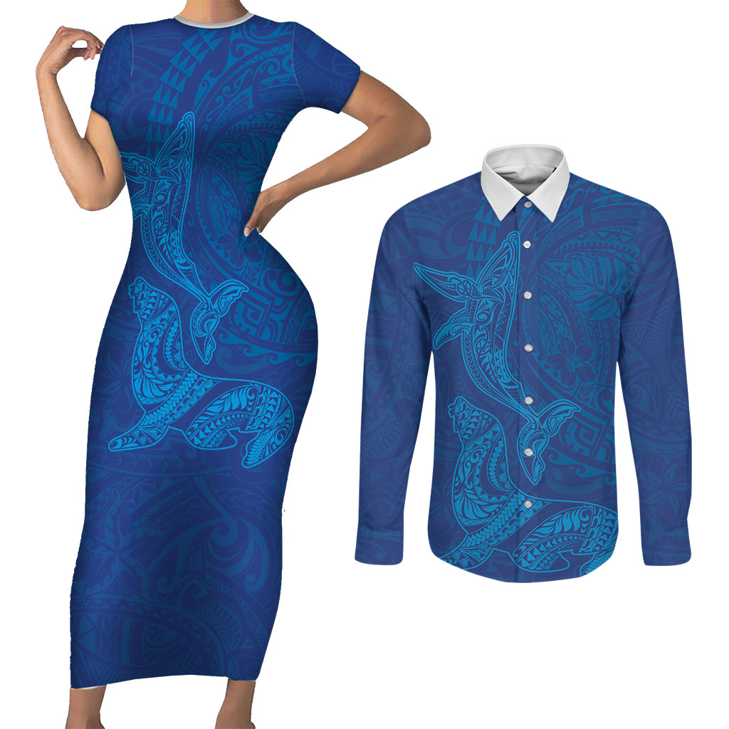 Hawaiian Monk Seal and Whale Couples Matching Short Sleeve Bodycon Dress and Long Sleeve Button Shirt Kakau Tribal Pattern Blue Color