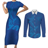 Hawaiian Monk Seal and Whale Couples Matching Short Sleeve Bodycon Dress and Long Sleeve Button Shirt Kakau Tribal Pattern Blue Color LT03 Blue - Polynesian Pride