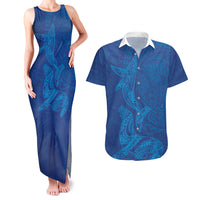 Hawaiian Monk Seal and Whale Couples Matching Tank Maxi Dress and Hawaiian Shirt Kakau Tribal Pattern Blue Color LT03 Blue - Polynesian Pride