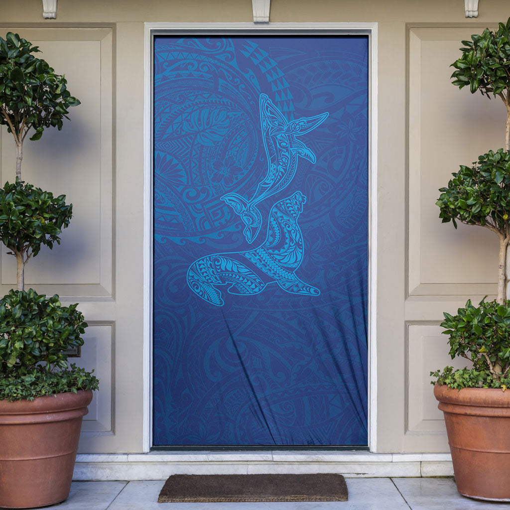 Hawaiian Monk Seal and Whale Door Cover Kakau Tribal Pattern Blue Color LT03 Blue - Polynesian Pride
