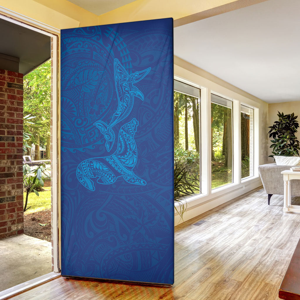 Hawaiian Monk Seal and Whale Door Cover Kakau Tribal Pattern Blue Color LT03 - Polynesian Pride