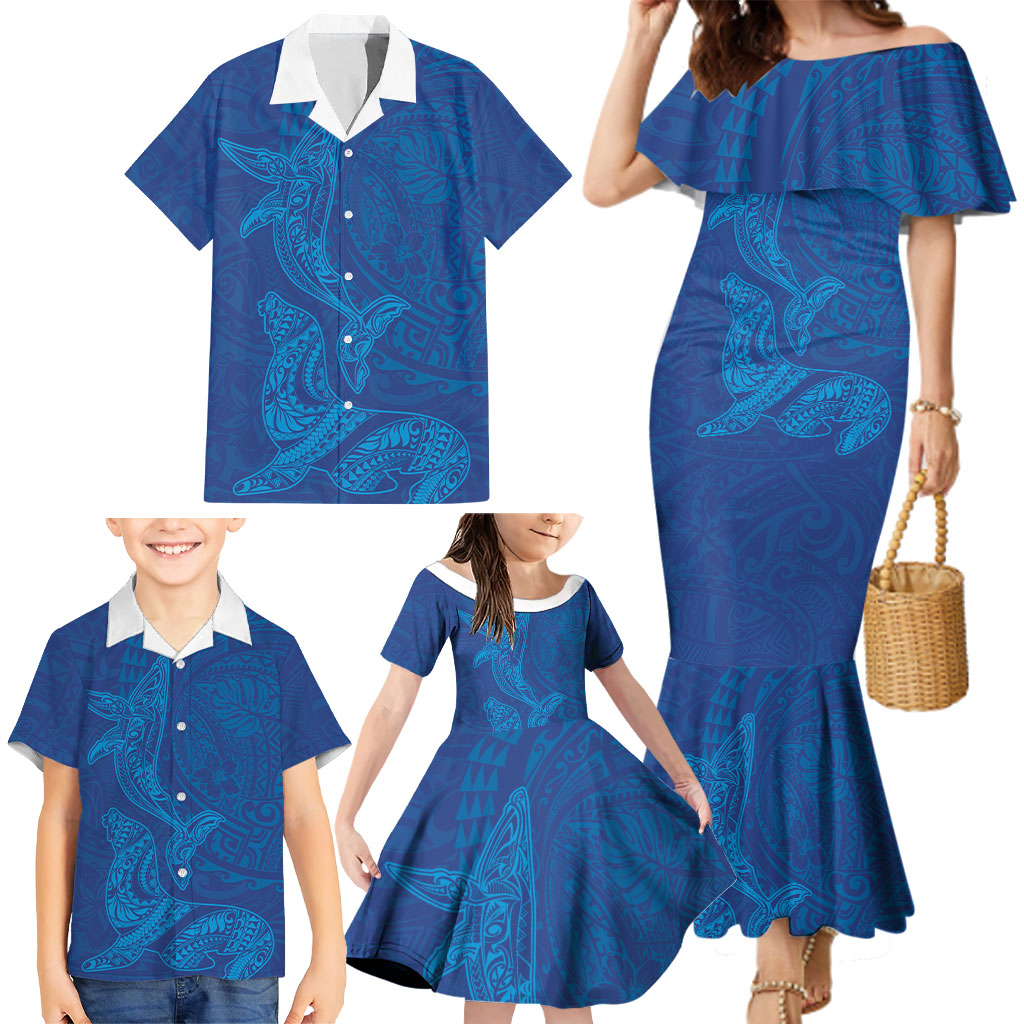 Hawaiian Monk Seal and Whale Family Matching Mermaid Dress and Hawaiian Shirt Kakau Tribal Pattern Blue Color LT03 - Polynesian Pride