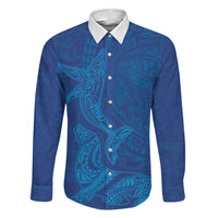 Hawaiian Monk Seal and Whale Family Matching Off The Shoulder Long Sleeve Dress and Hawaiian Shirt Kakau Tribal Pattern Blue Color LT03 Dad's Shirt - Long Sleeve Blue - Polynesian Pride