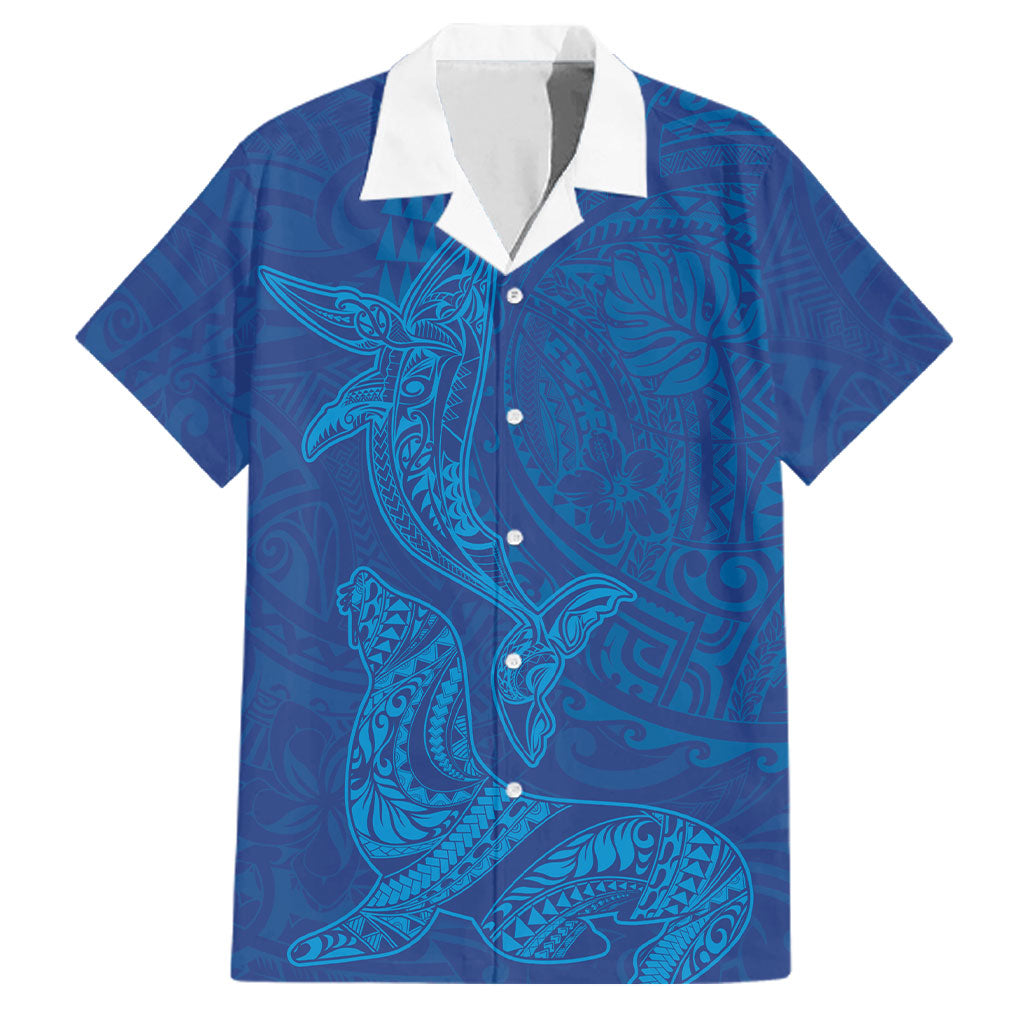 Hawaiian Monk Seal and Whale Family Matching Off Shoulder Maxi Dress and Hawaiian Shirt Kakau Tribal Pattern Blue Color LT03 Dad's Shirt - Short Sleeve Blue - Polynesian Pride