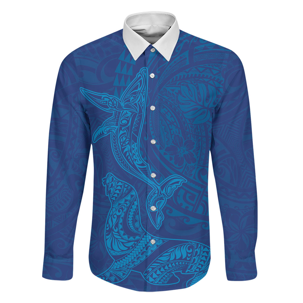 Hawaiian Monk Seal and Whale Family Matching Off Shoulder Maxi Dress and Hawaiian Shirt Kakau Tribal Pattern Blue Color LT03 Dad's Shirt - Long Sleeve Blue - Polynesian Pride
