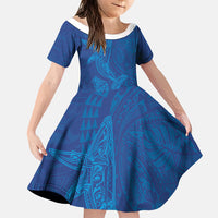 Hawaiian Monk Seal and Whale Family Matching Off Shoulder Short Dress and Hawaiian Shirt Kakau Tribal Pattern Blue Color LT03 Daughter's Dress Blue - Polynesian Pride