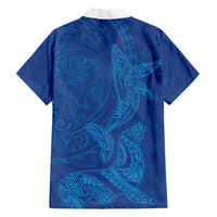 Hawaiian Monk Seal and Whale Family Matching Off Shoulder Short Dress and Hawaiian Shirt Kakau Tribal Pattern Blue Color LT03 - Polynesian Pride