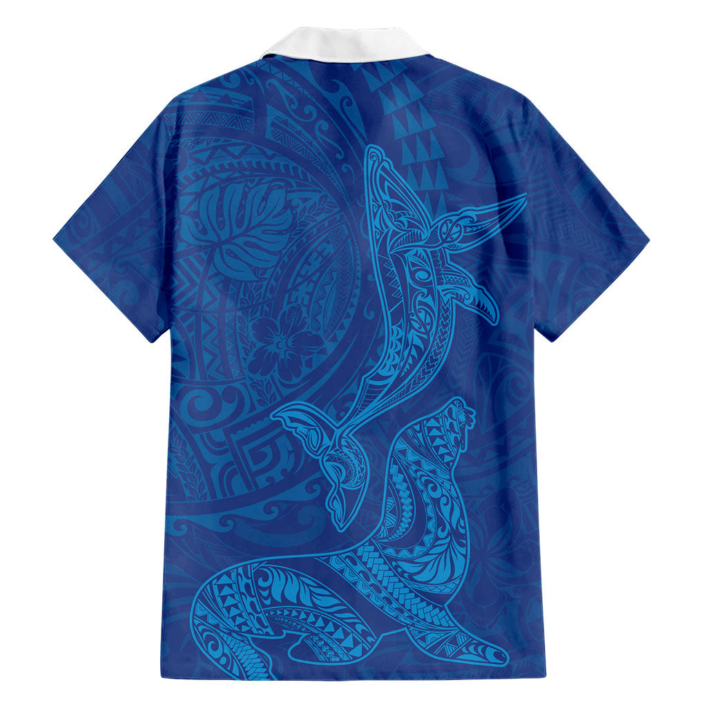 Hawaiian Monk Seal and Whale Family Matching Puletasi and Hawaiian Shirt Kakau Tribal Pattern Blue Color LT03 - Polynesian Pride