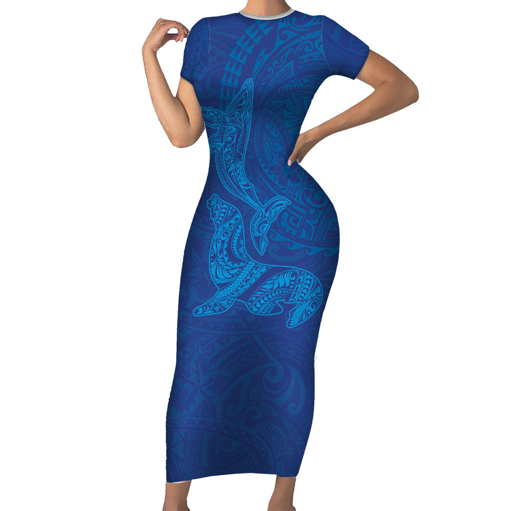 Hawaiian Monk Seal and Whale Family Matching Short Sleeve Bodycon Dress and Hawaiian Shirt Kakau Tribal Pattern Blue Color LT03 Mom's Dress Blue - Polynesian Pride