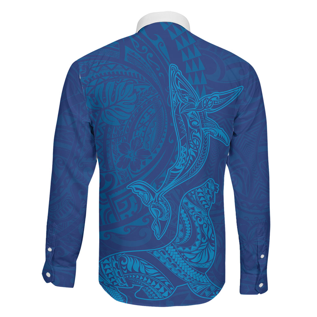 Hawaiian Monk Seal and Whale Family Matching Tank Maxi Dress and Hawaiian Shirt Kakau Tribal Pattern Blue Color LT03 - Polynesian Pride