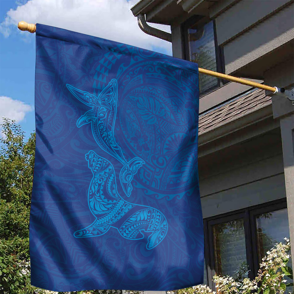 Hawaiian Monk Seal and Whale Garden Flag Kakau Tribal Pattern Blue Color