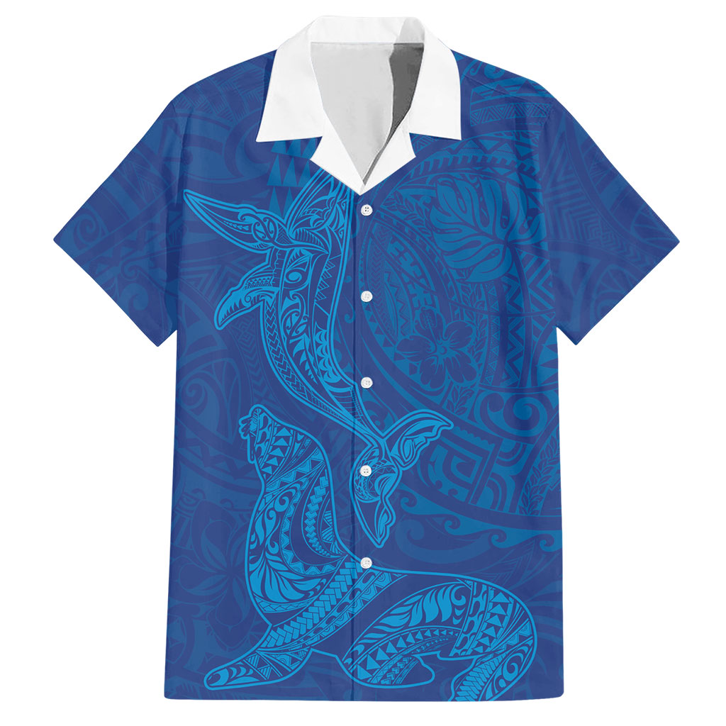 Hawaiian Monk Seal and Whale Hawaiian Shirt Kakau Tribal Pattern Blue Color