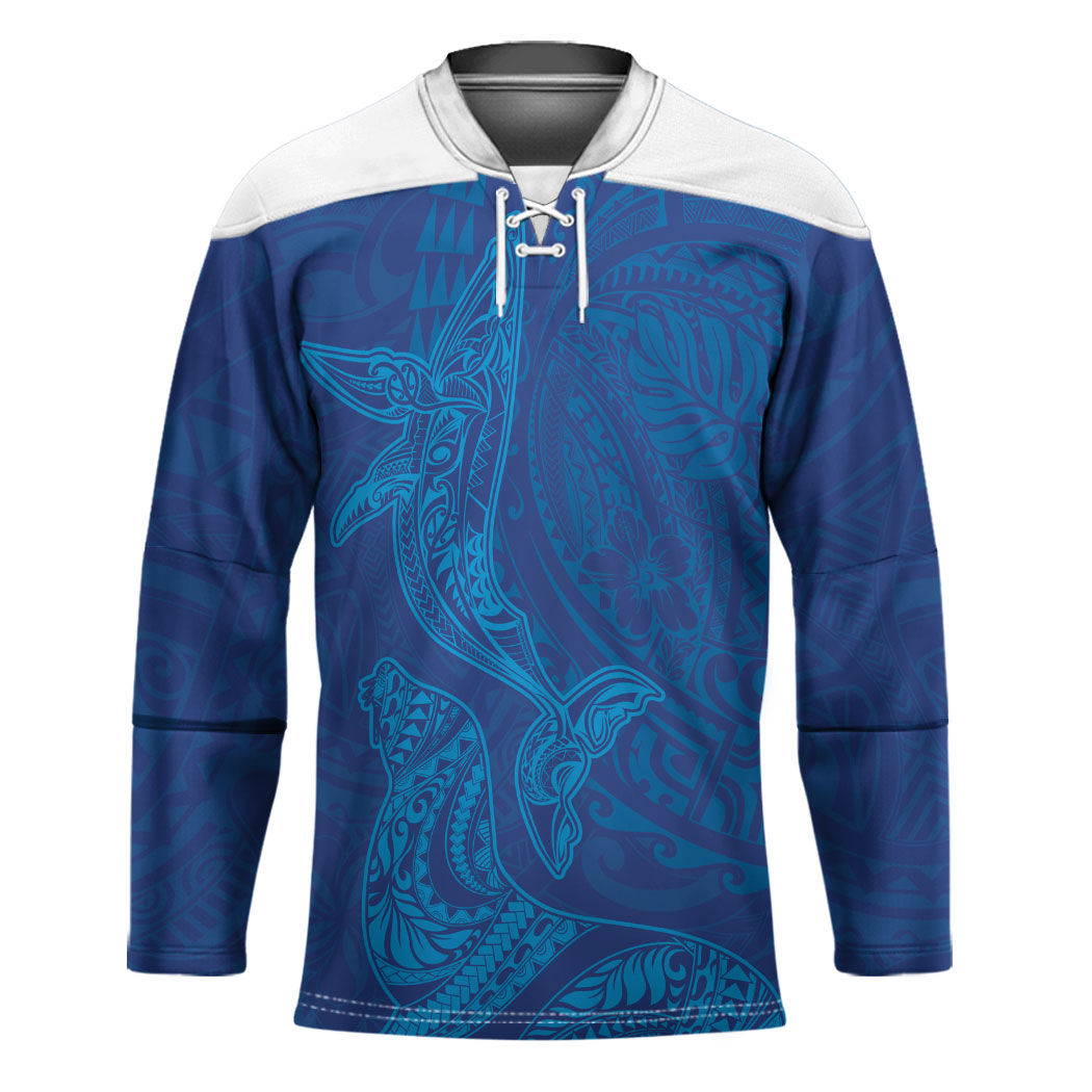 Hawaiian Monk Seal and Whale Hockey Jersey Kakau Tribal Pattern Blue Color LT03 Unisex Blue - Polynesian Pride