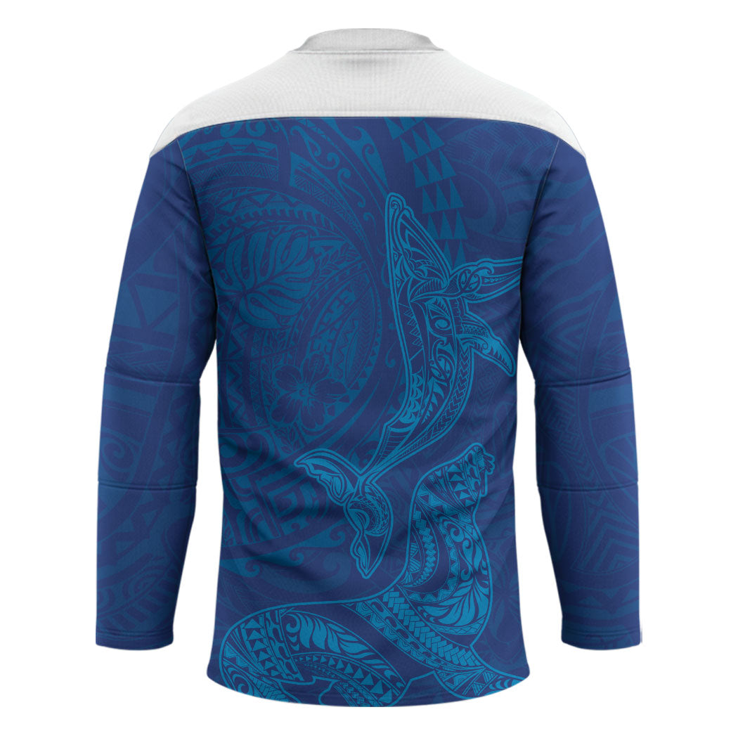 Hawaiian Monk Seal and Whale Hockey Jersey Kakau Tribal Pattern Blue Color