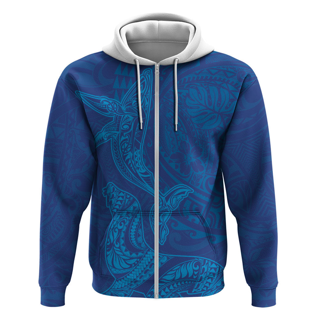 Hawaiian Monk Seal and Whale Hoodie Kakau Tribal Pattern Blue Color