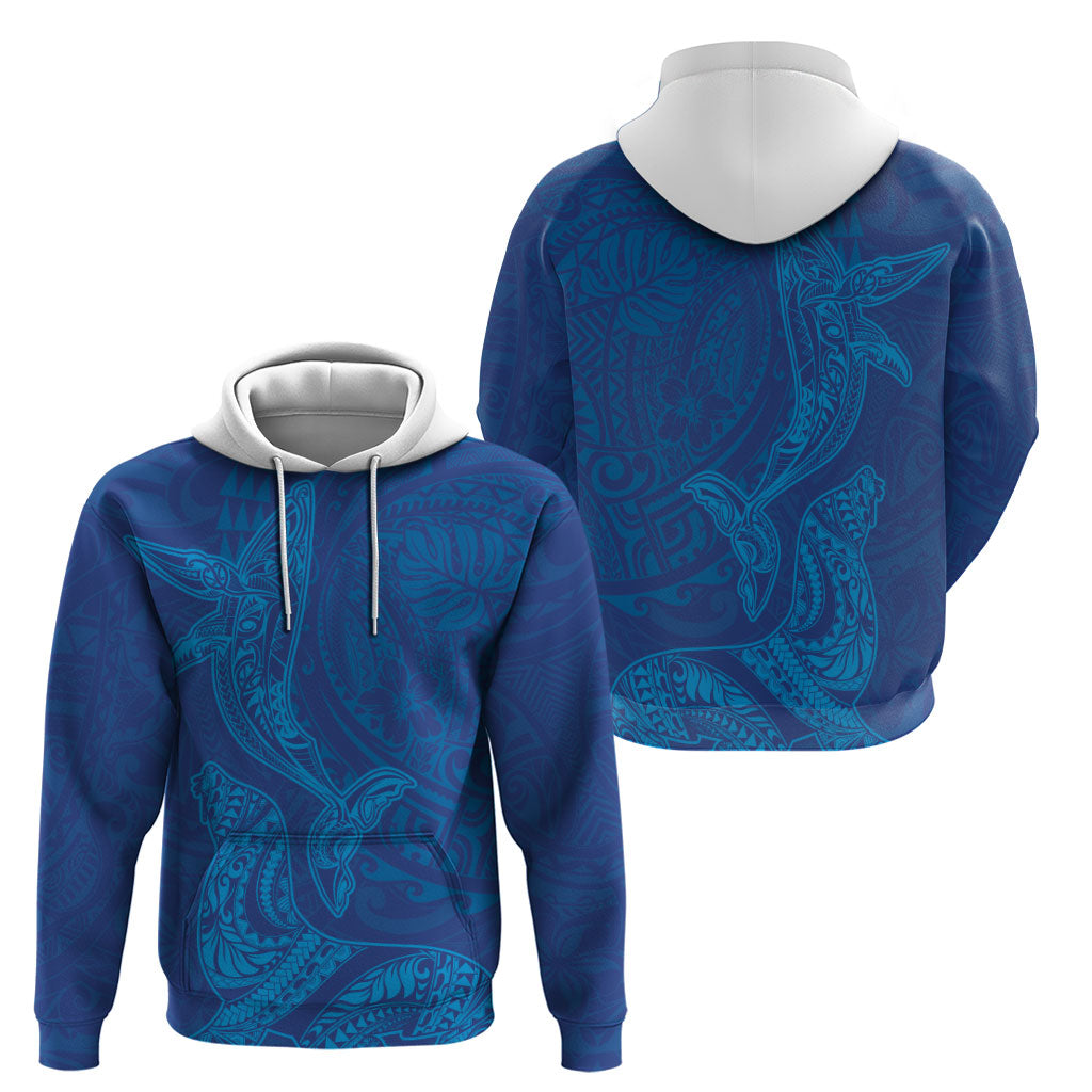 Hawaiian Monk Seal and Whale Hoodie Kakau Tribal Pattern Blue Color