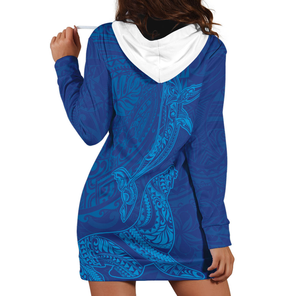 Hawaiian Monk Seal and Whale Hoodie Dress Kakau Tribal Pattern Blue Color LT03 - Polynesian Pride