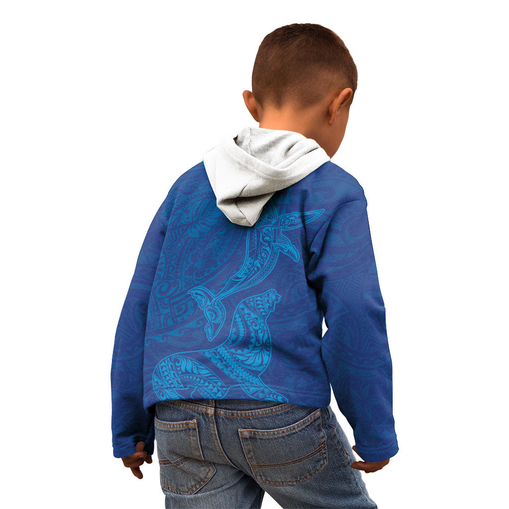 Hawaiian Monk Seal and Whale Kid Hoodie Kakau Tribal Pattern Blue Color