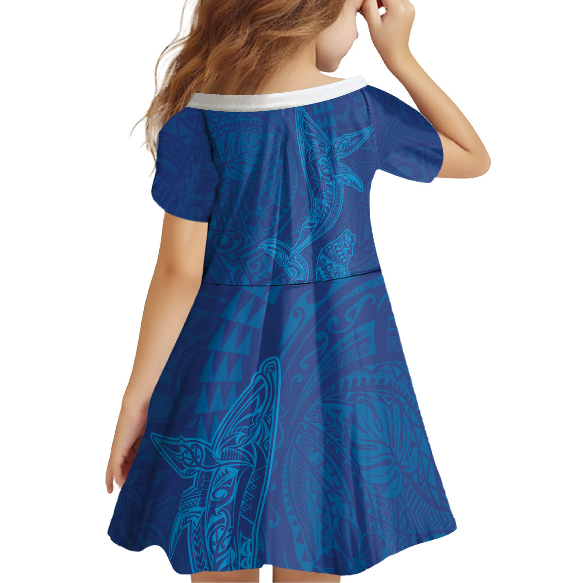 Hawaiian Monk Seal and Whale Kid Short Sleeve Dress Kakau Tribal Pattern Blue Color