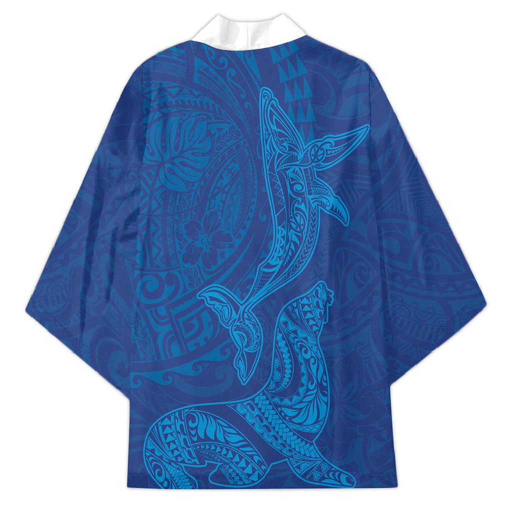 Hawaiian Monk Seal and Whale Kimono Kakau Tribal Pattern Blue Color