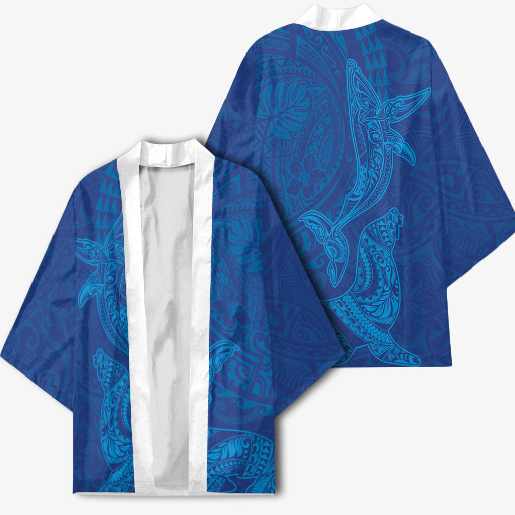 Hawaiian Monk Seal and Whale Kimono Kakau Tribal Pattern Blue Color