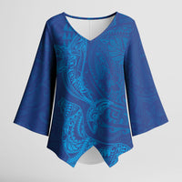 Hawaiian Monk Seal and Whale Kimono Sleeve Blouse Kakau Tribal Pattern Blue Color