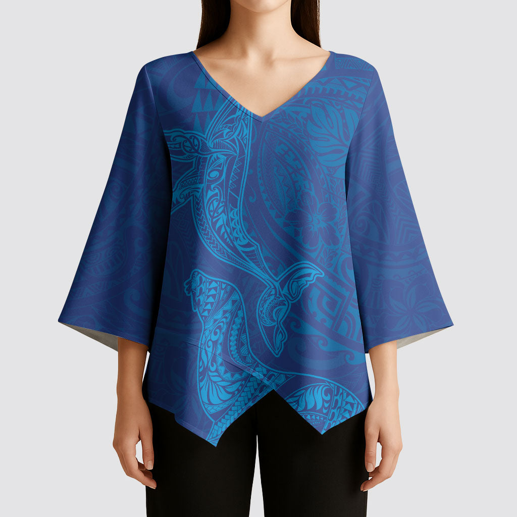 Hawaiian Monk Seal and Whale Kimono Sleeve Blouse Kakau Tribal Pattern Blue Color