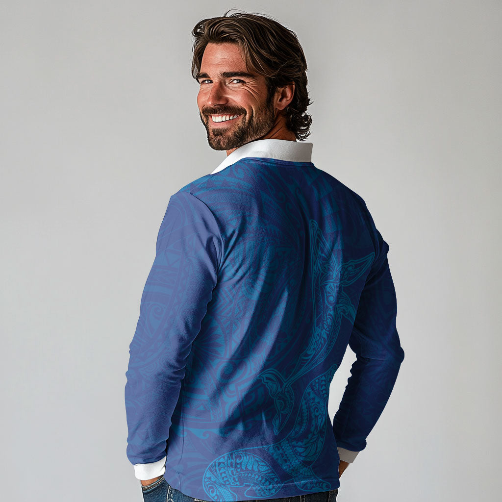 Hawaiian Monk Seal and Whale Long Sleeve Polo Shirt Kakau Tribal Pattern Blue Color